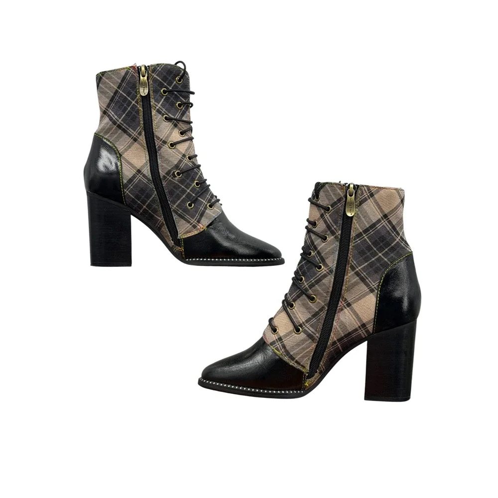 Spring Step L'Artiste Corlina Witchy Academic Boots Women SZ 38 Black Plaid Dark